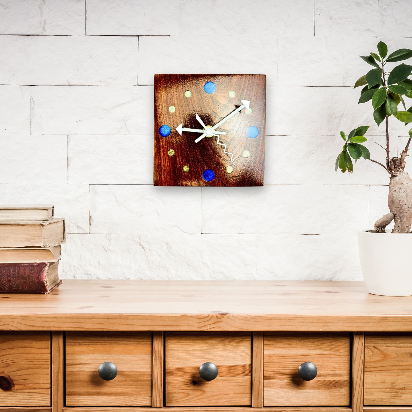 Small Walnut Wall Clock w/ Epoxy Inlay Blue and Pearl White Wall Art, Desk Clock for His Office, Unique Fifth Anniversary Gift, Shelf Clock