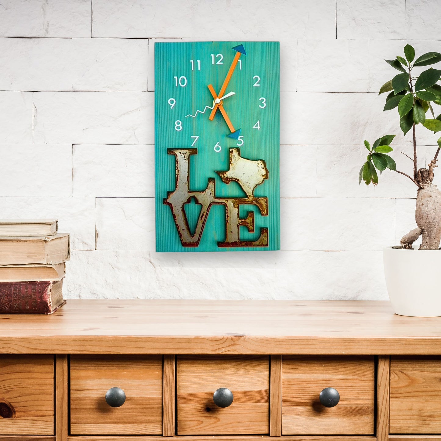 Blue Wall Clock "Texas Love", Cedar Wooden Plank Wall Art, Rustic Handmade Art, Coastal Cottage Beach House Decor, Fifth Anniversary Gift
