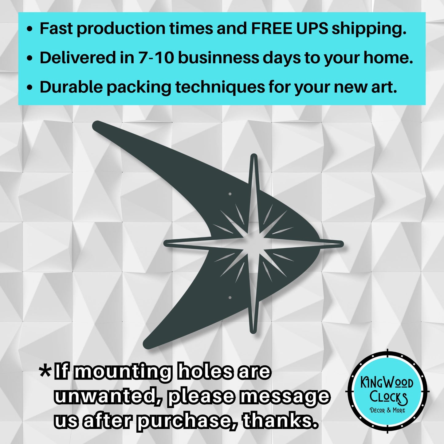 Decorative wall art with text about fast production times, free UPS shipping, and durable packing techniques on a geometric patterned background.