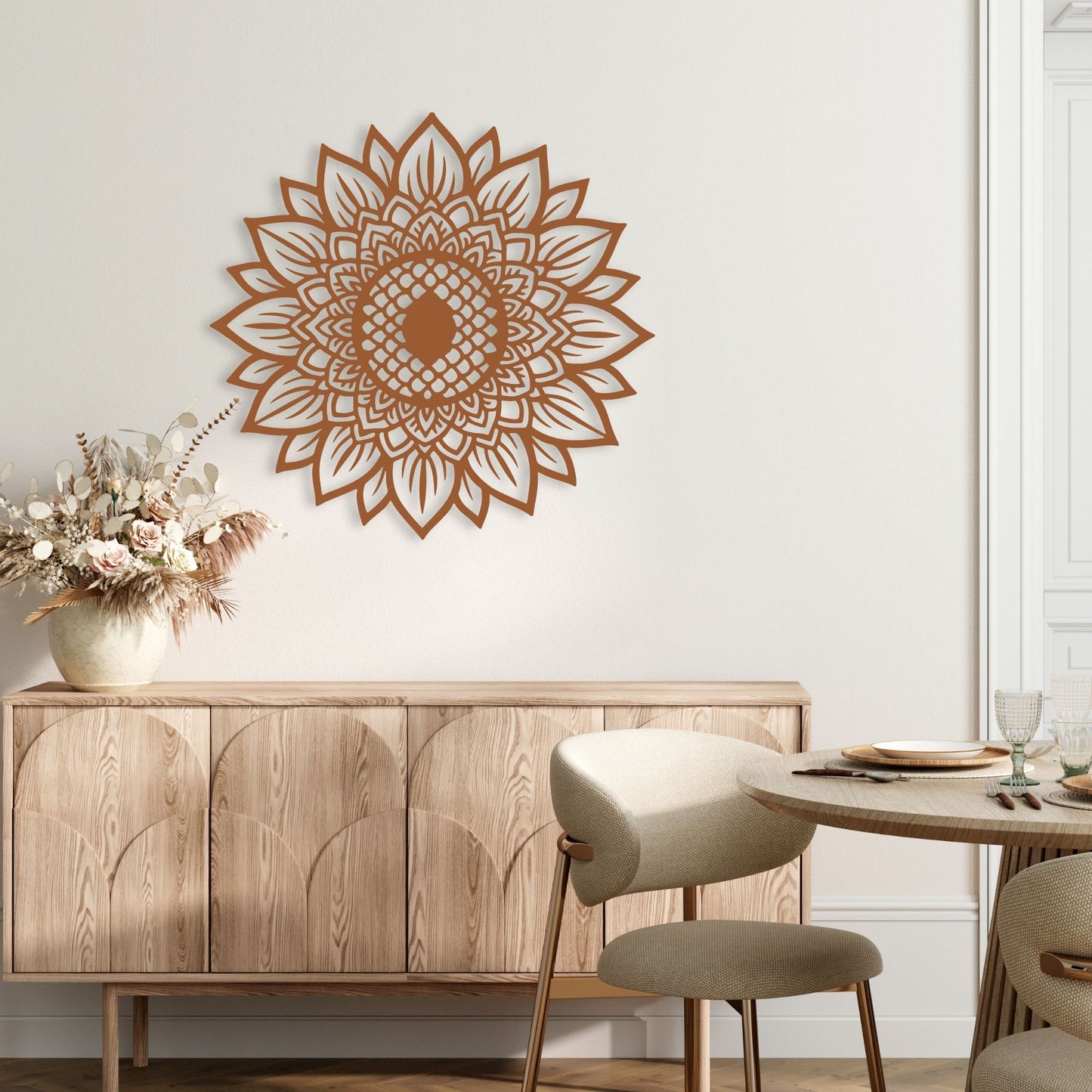 Decorative mandala wall art in a modern living room setting with a wooden sideboard and table.