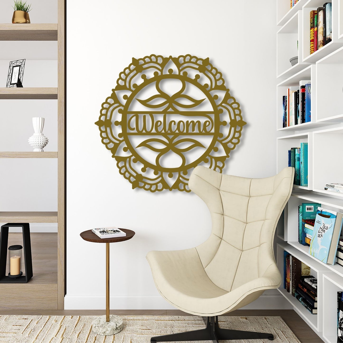 gold welcome mandala on wall at reading corner