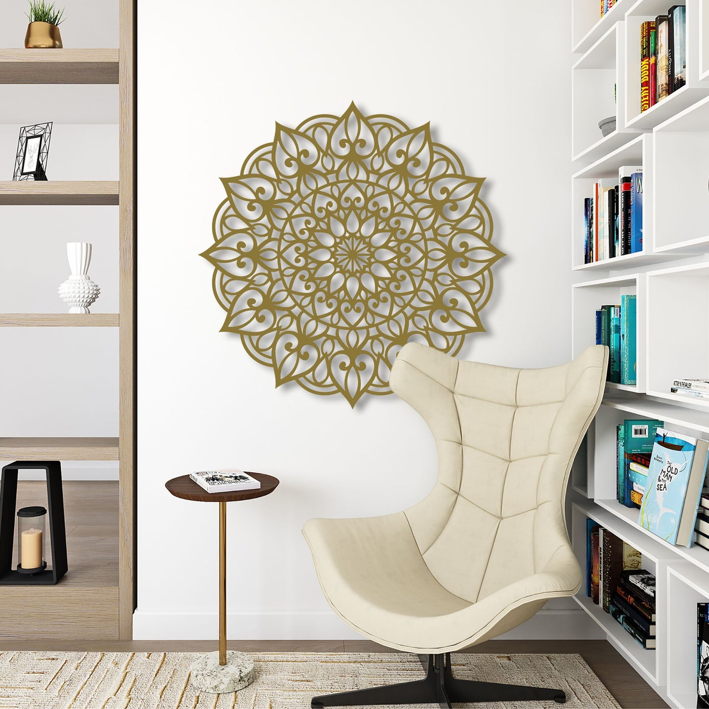 Decorative wall art above a beige armchair in a room with bookshelves.