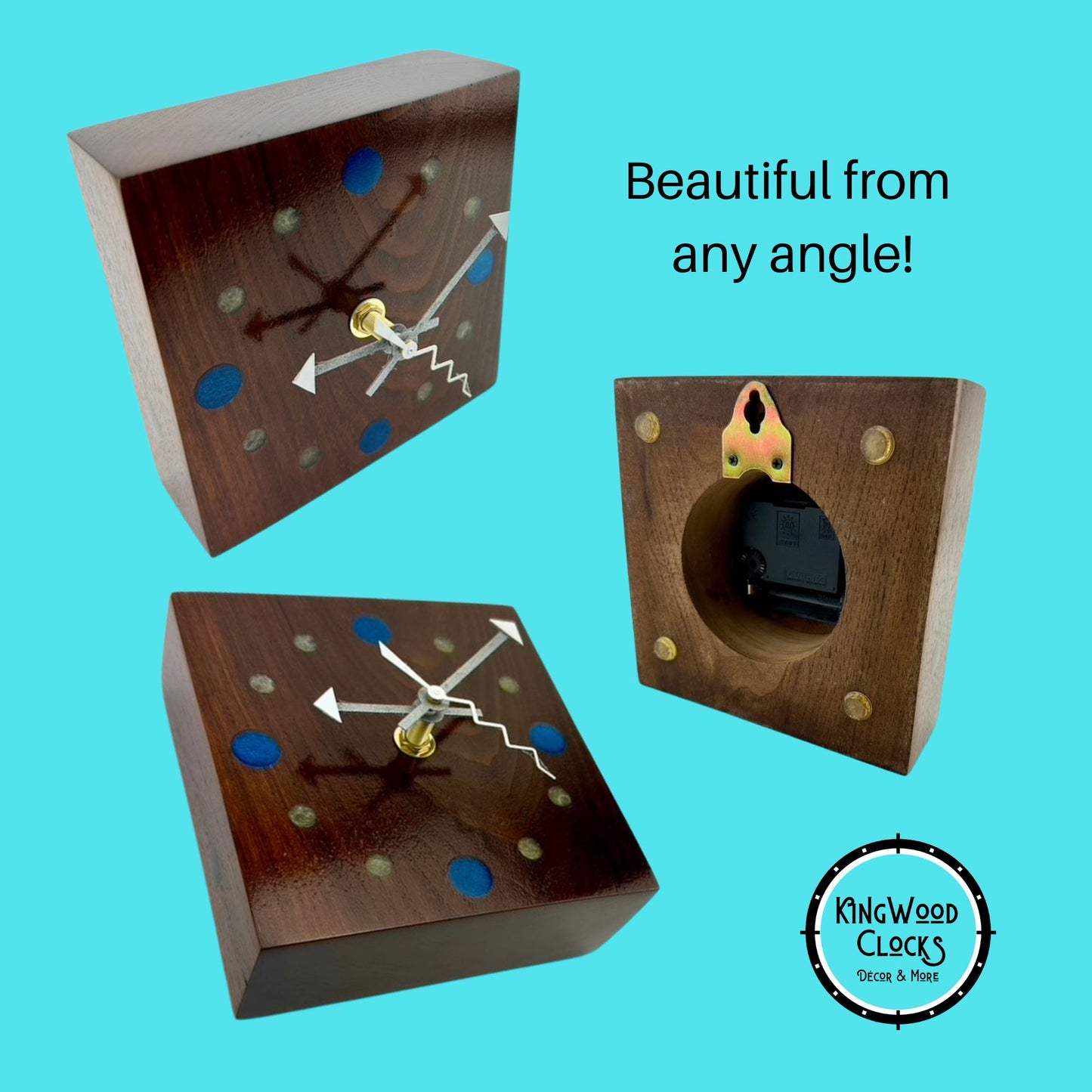 Small Walnut Wall Clock w/ Epoxy Inlay Blue and Pearl White Wall Art, Desk Clock for His Office, Unique Fifth Anniversary Gift, Shelf Clock
