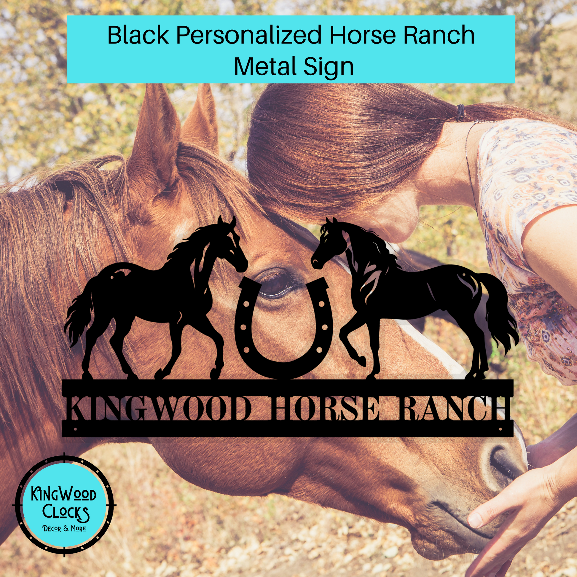Personalized Horse Ranch Metal Sign shown in black with girl and horse