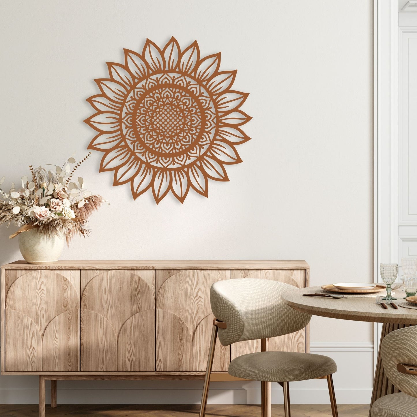 Decorative sunflower wall art in a dining room setting with a wooden sideboard and table.