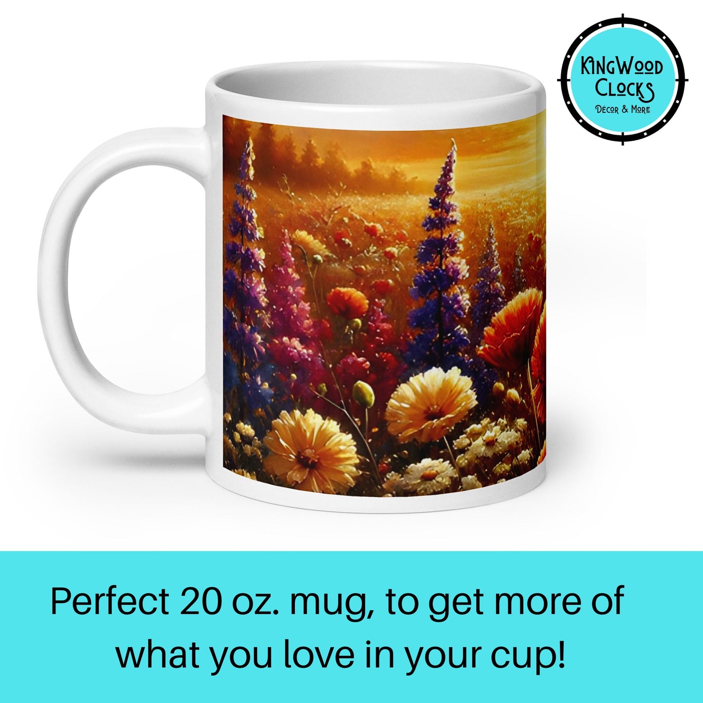 Mug with floral design and Kingwood Clocks branding