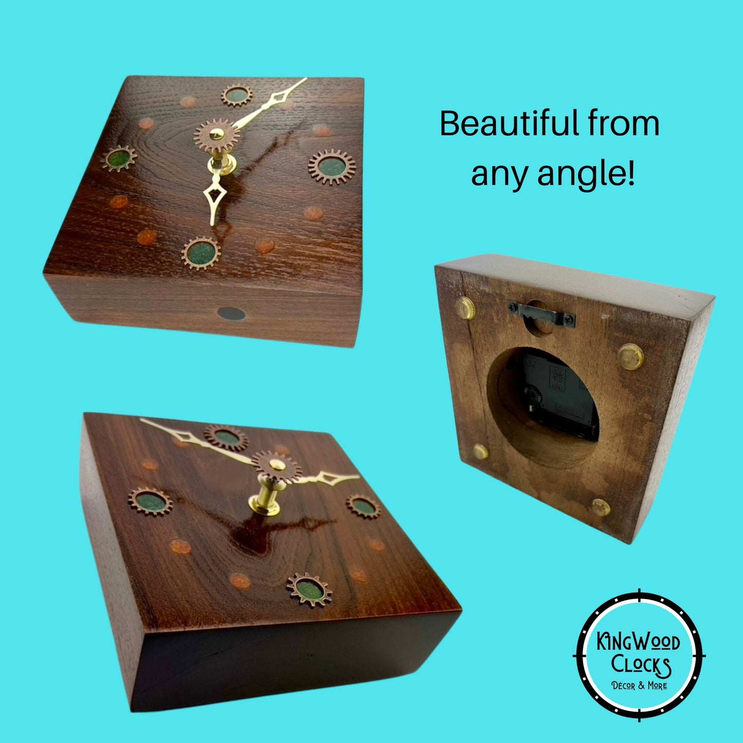 Walnut Wood Wall Clock w/ Metal Gears, Epoxy Inlay Burnt Orange and Earth Green Handmade Wood Art, Unique Wooden Gift Ideas, Steampunk Decor