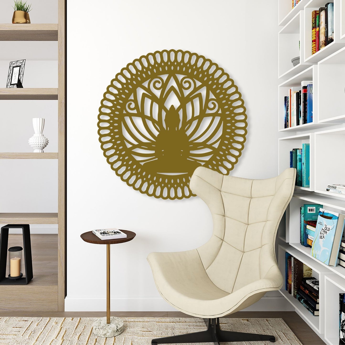 Decorative wall art of a Buddha silhouette in a modern living room with a beige chair and bookshelves.