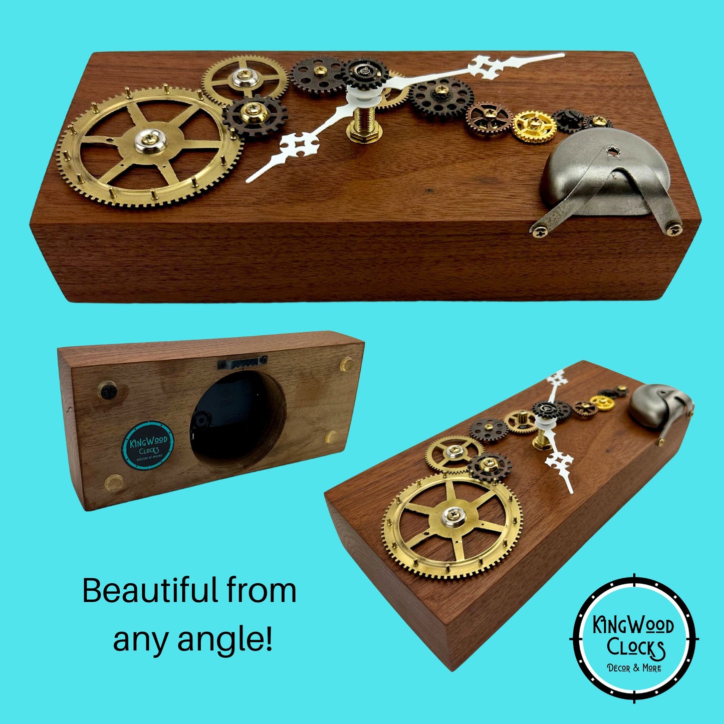 Wooden Wall Clock w/ Brass Gears "Silver Bell", Reclaimed Wood and Metal Wall Art, Small Wall Hanging Art Clock, Unique Decor Gift Idea