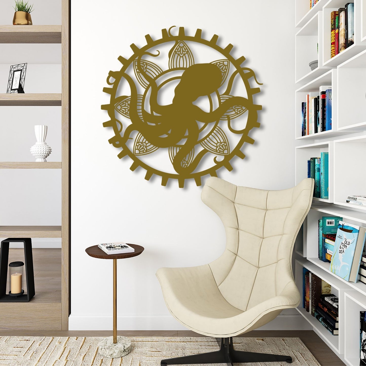 Decorative wall art with a fish design on a white wall above a beige chair.