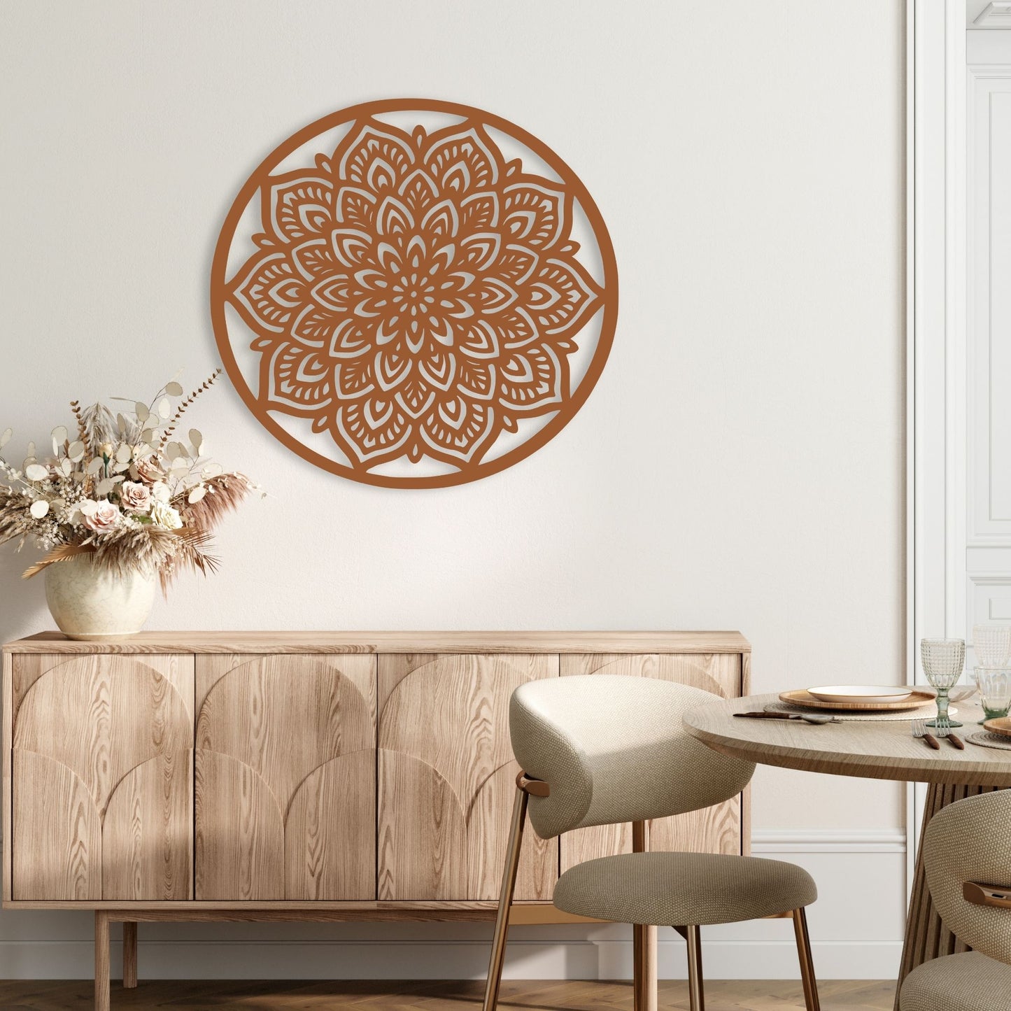 Decorative wooden wall art above a wooden cabinet in a dining room.