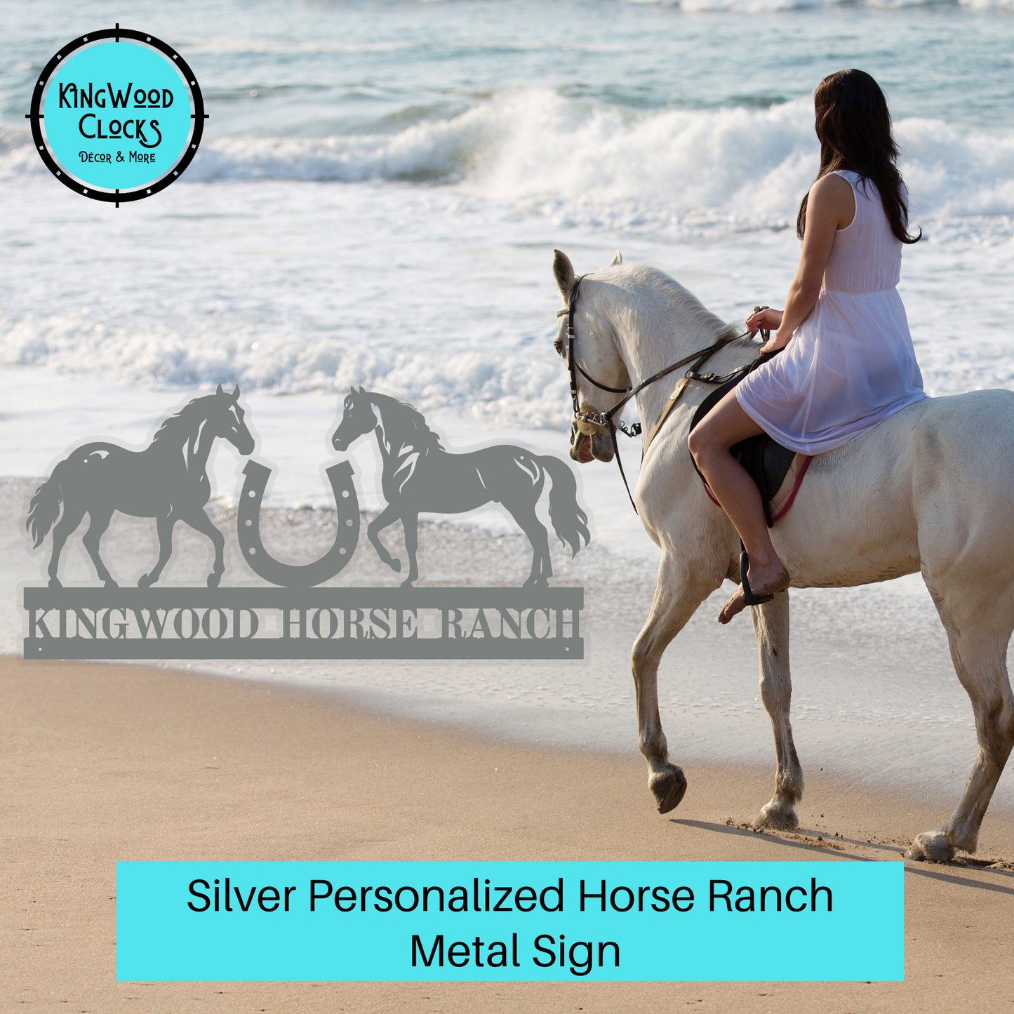 Personalized Horse Ranch Metal Sign shown in silver with riding girl