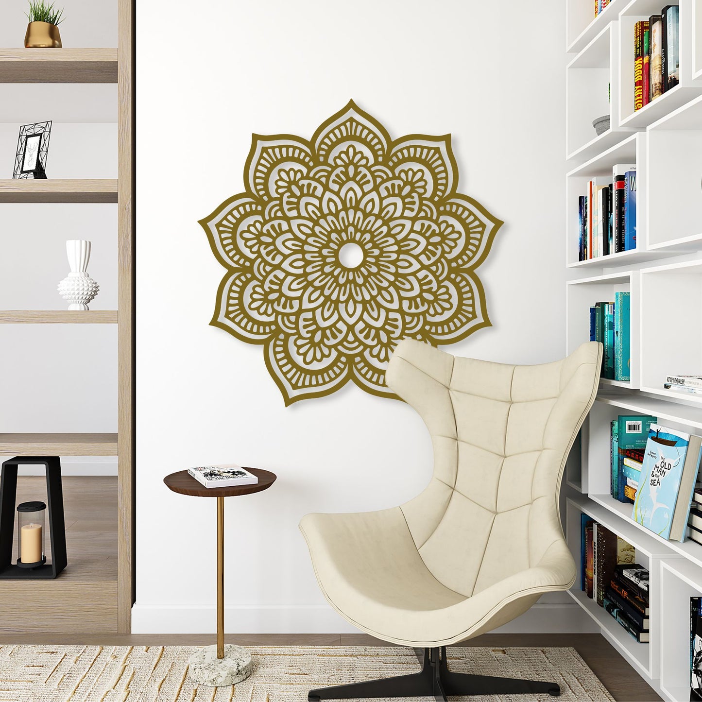 Decorative wall mandala in a room with a chair and bookshelf.