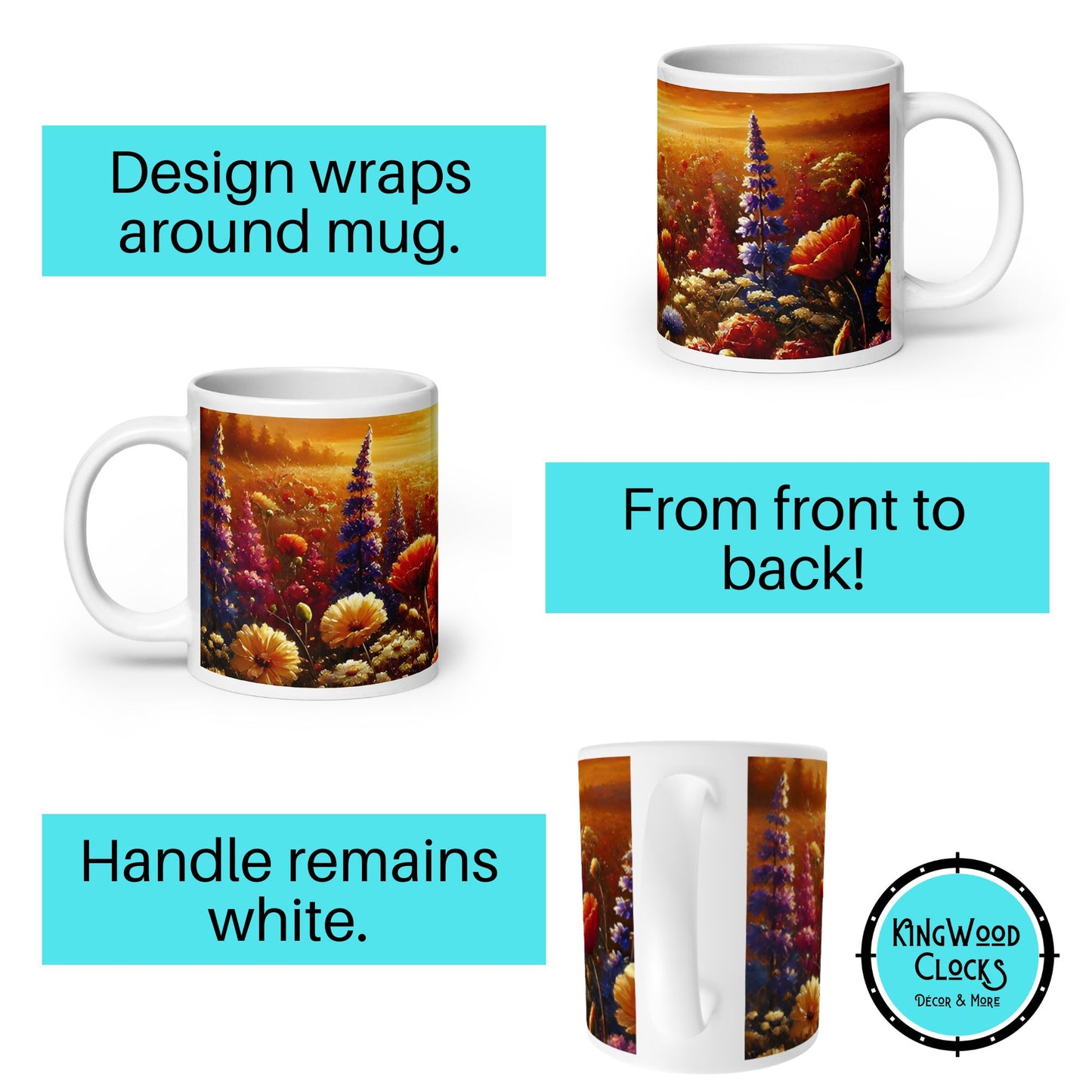 Mugs with nature-themed design wrapping around them, featuring Kingwood Clocks logo.