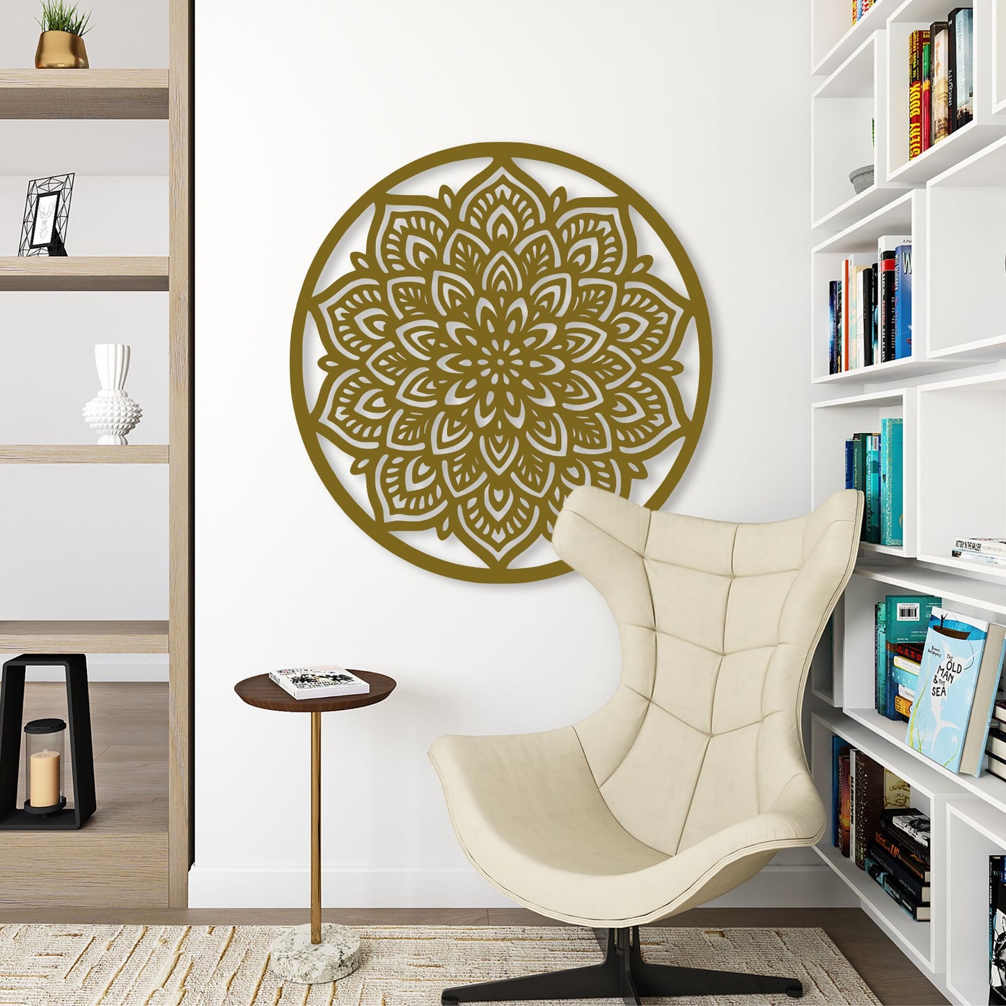 Decorative wall art with a floral pattern in a room with a chair and bookshelves.