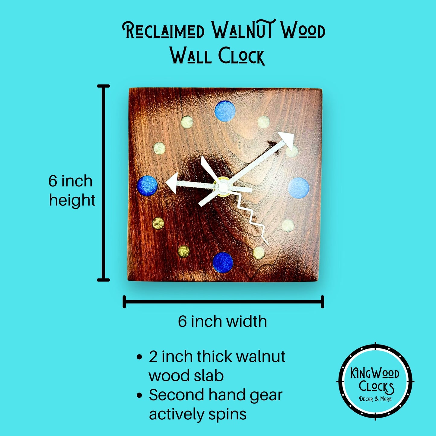 Small Walnut Wall Clock w/ Epoxy Inlay Blue and Pearl White Wall Art, Desk Clock for His Office, Unique Fifth Anniversary Gift, Shelf Clock