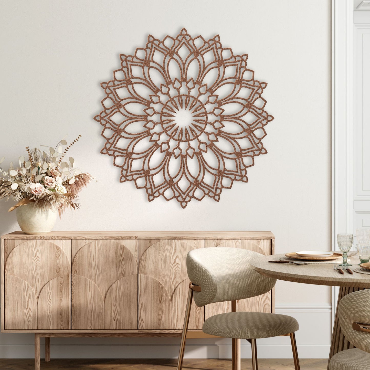 Lotus Flower Mandala Metal Wall Art copper hanging in zen like dining room
