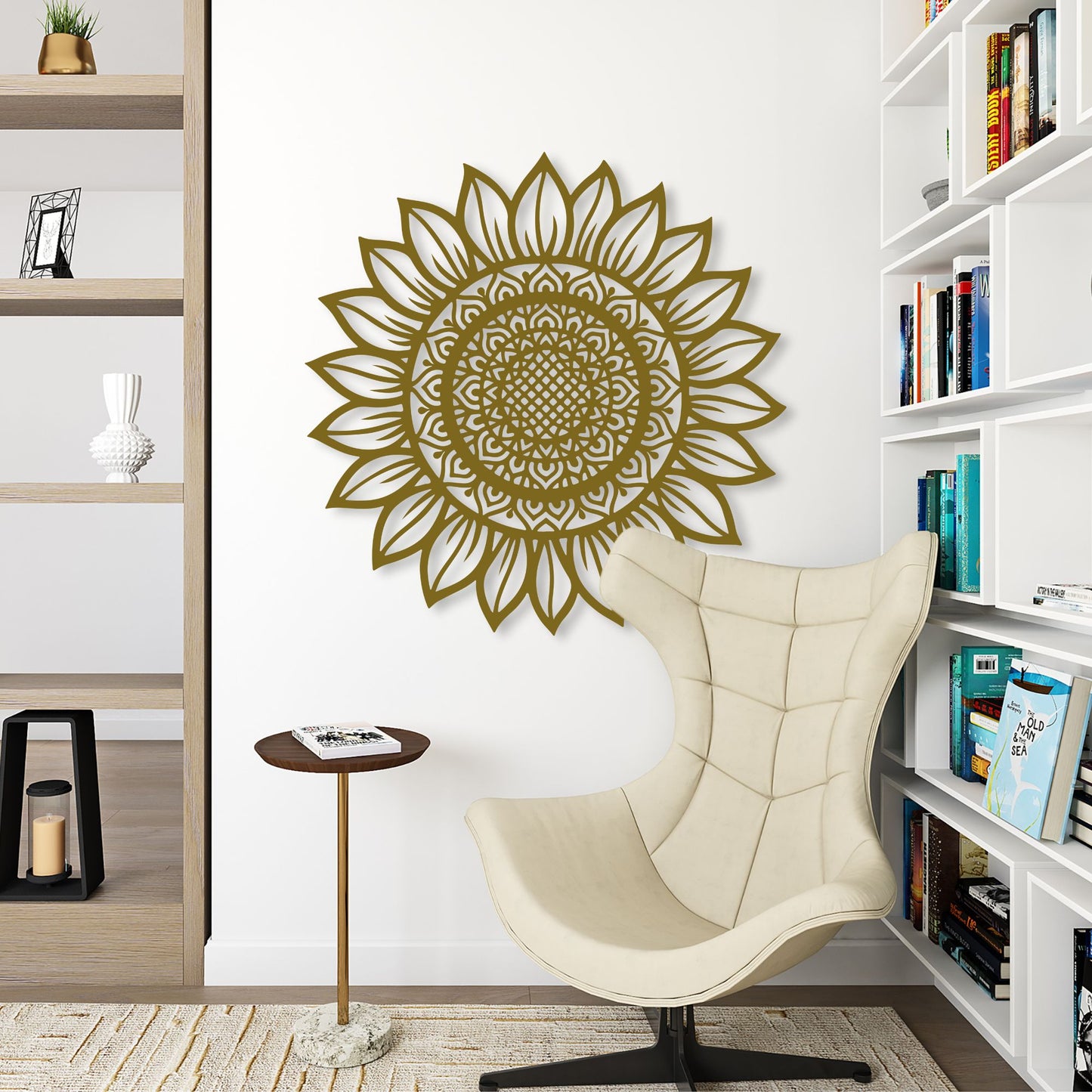 Decorative sunflower wall art in a room with a chair and bookshelves.