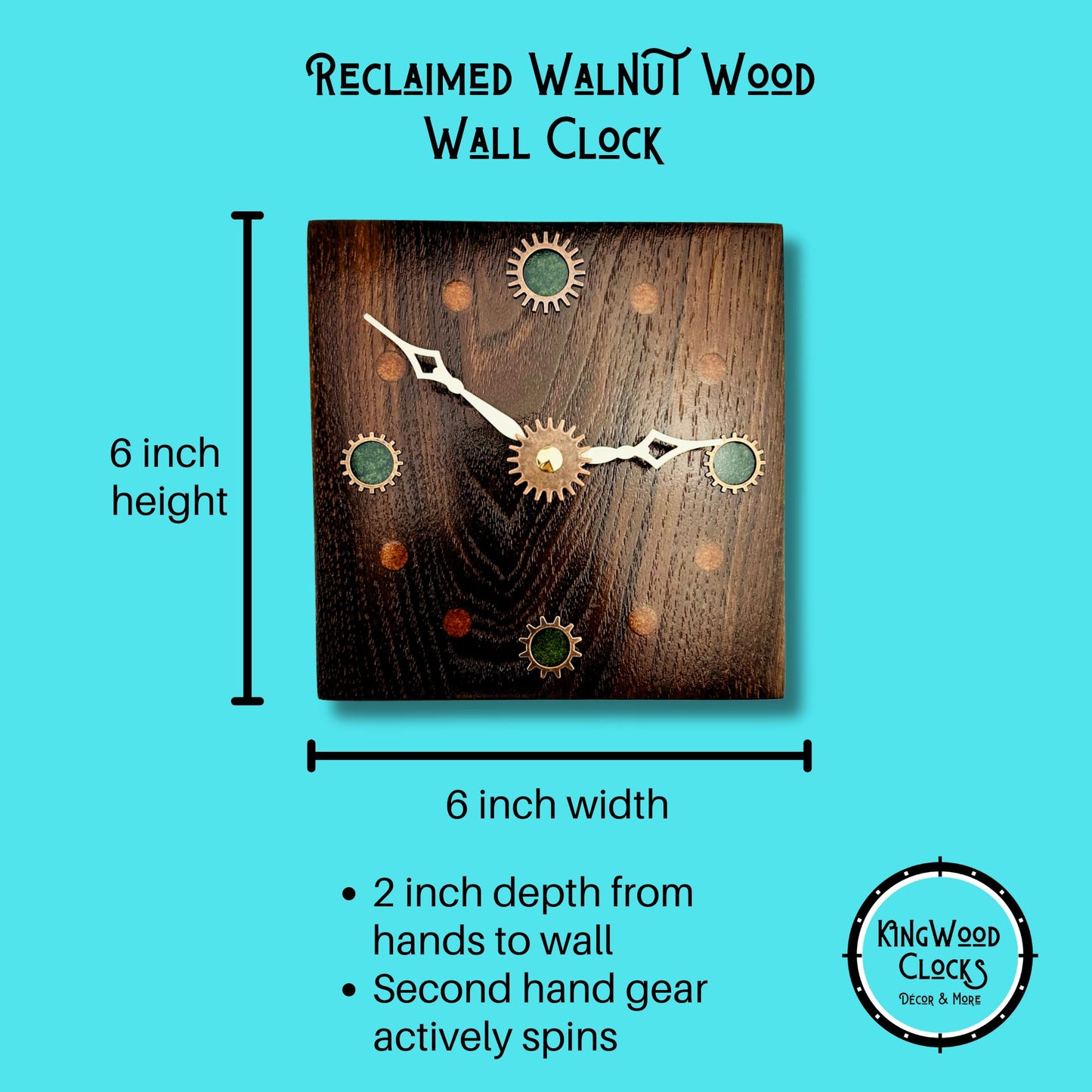 Walnut Wood Wall Clock w/ Metal Gears, Epoxy Inlay Burnt Orange and Earth Green Handmade Wood Art, Unique Wooden Gift Ideas, Steampunk Decor