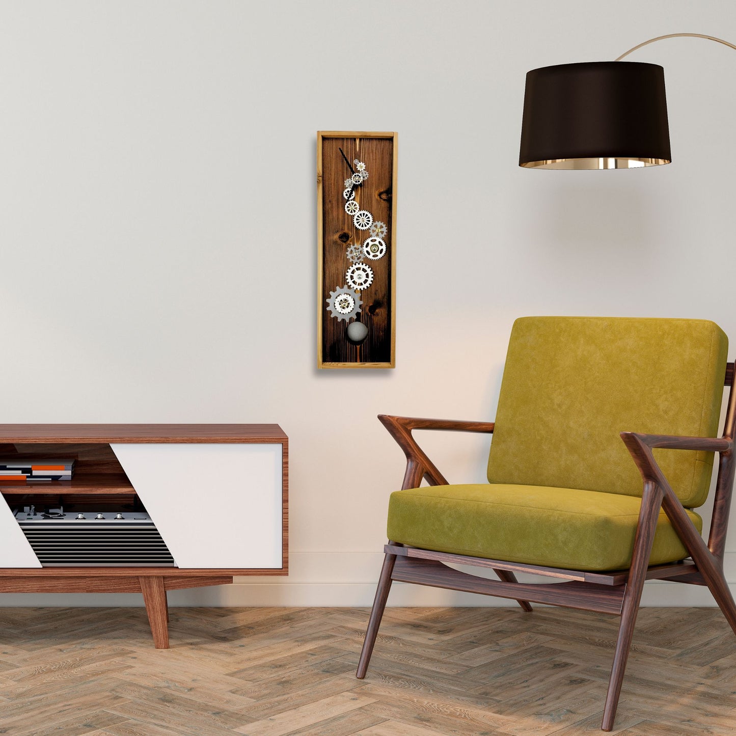 Pendulum Wall Clock w/ Gears, Cedar Wood Wall Art, Silver & White Clock Gears Decoration, Long Hallway Wooden Decor, Fifth Anniversary Gift