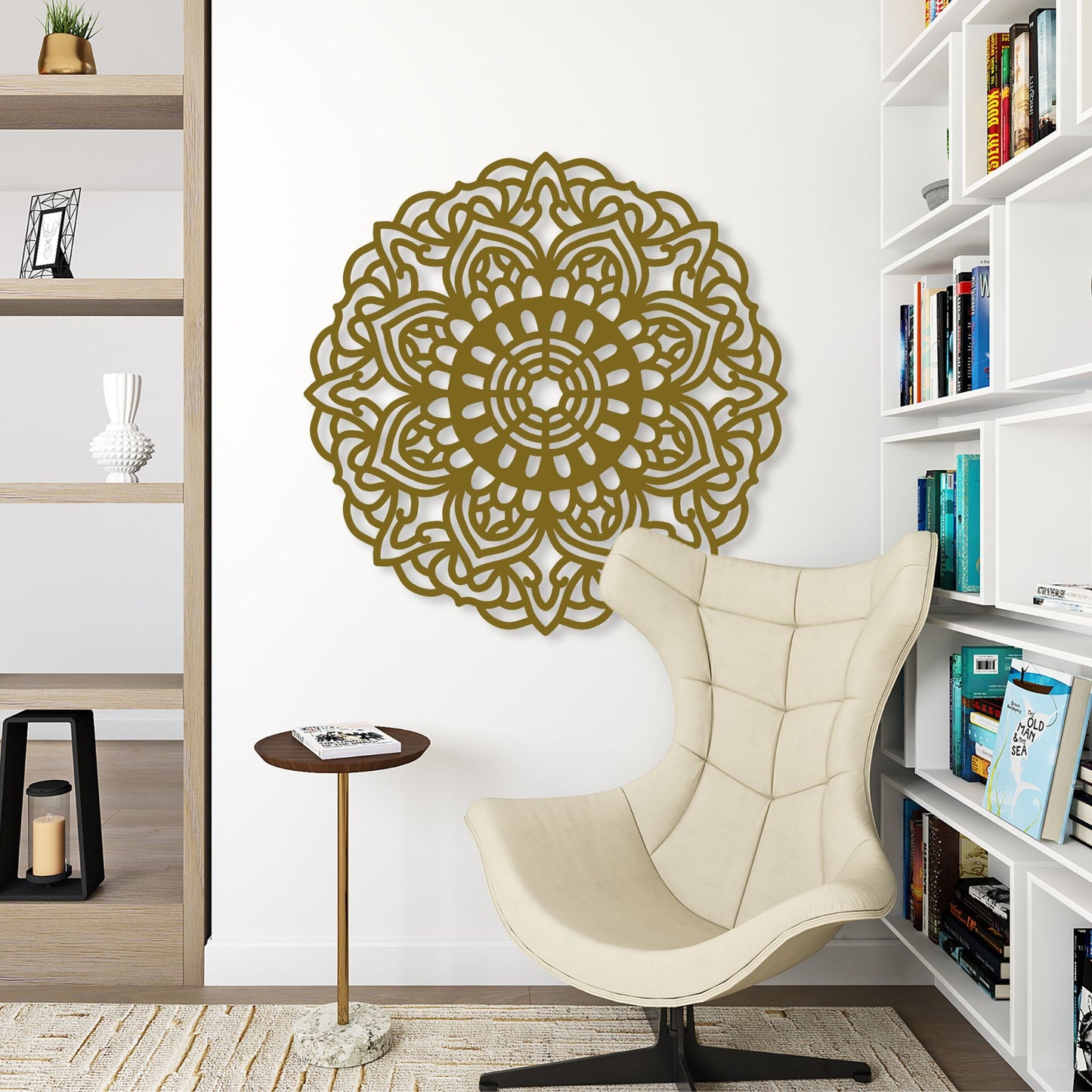 Decorative wall mandala in a room with a chair and bookshelf.