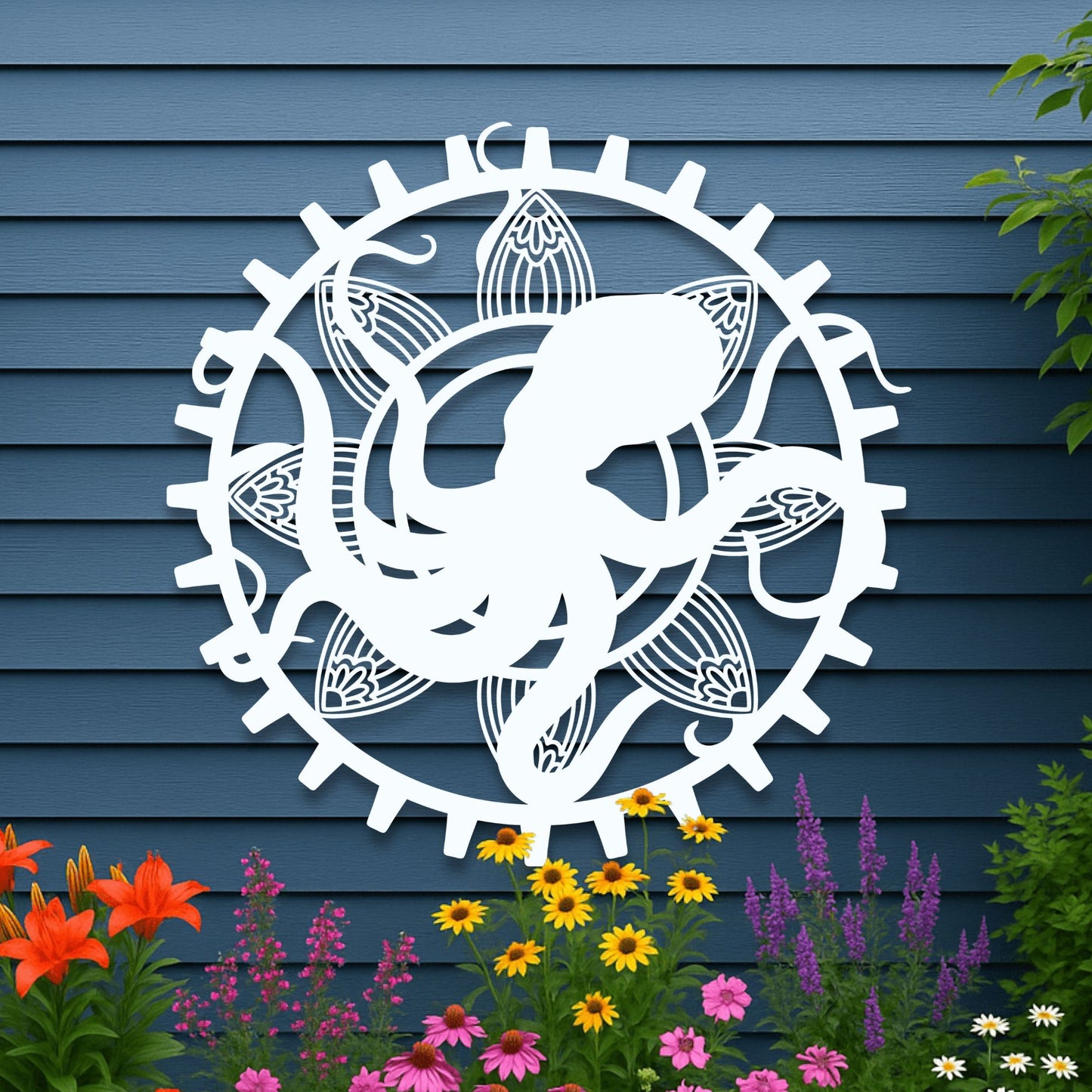 Decorative metal wall art of a fish in a circular design on a blue wooden panel background with flowers in the foreground.