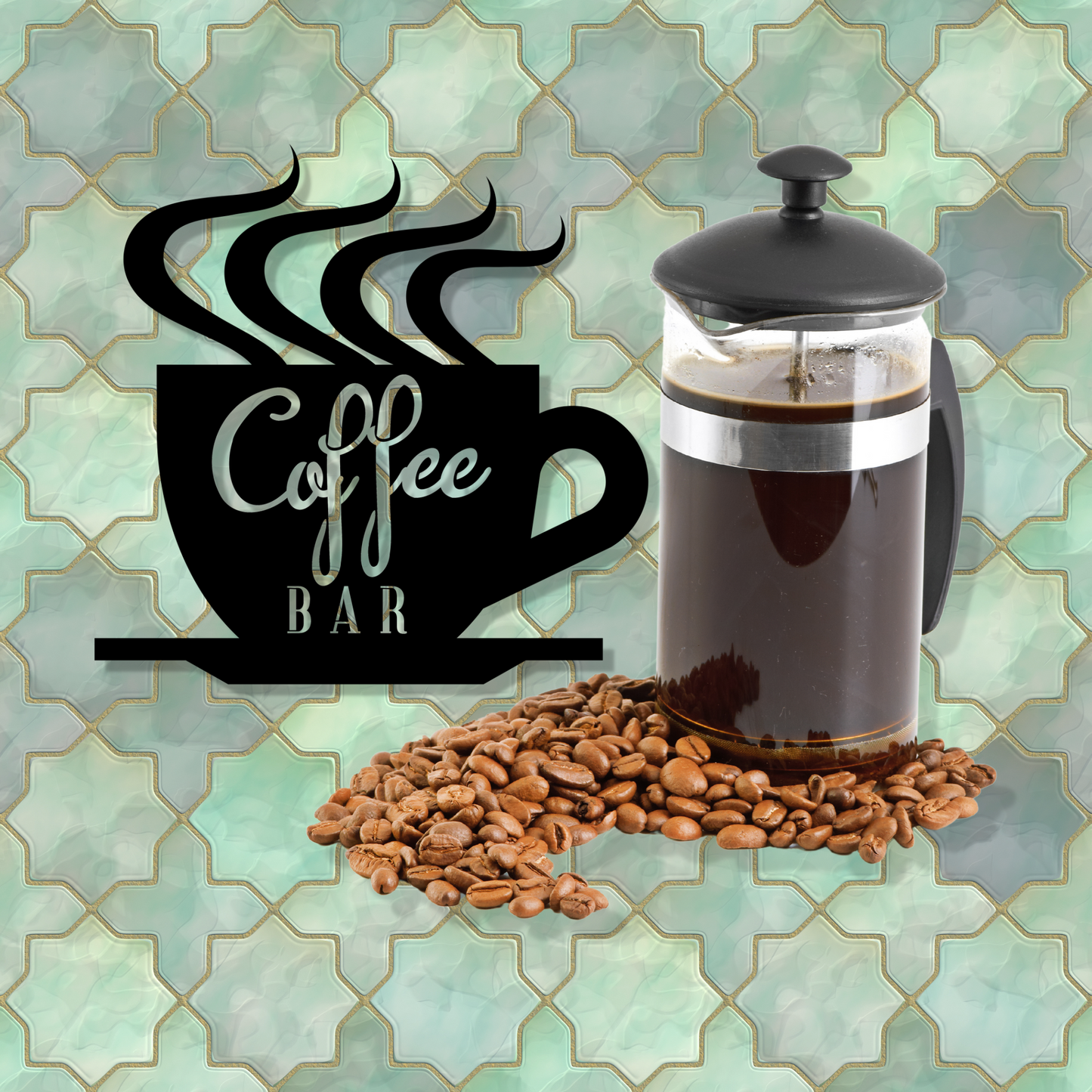 Coffee Bar Metal Wall Art with coffee press