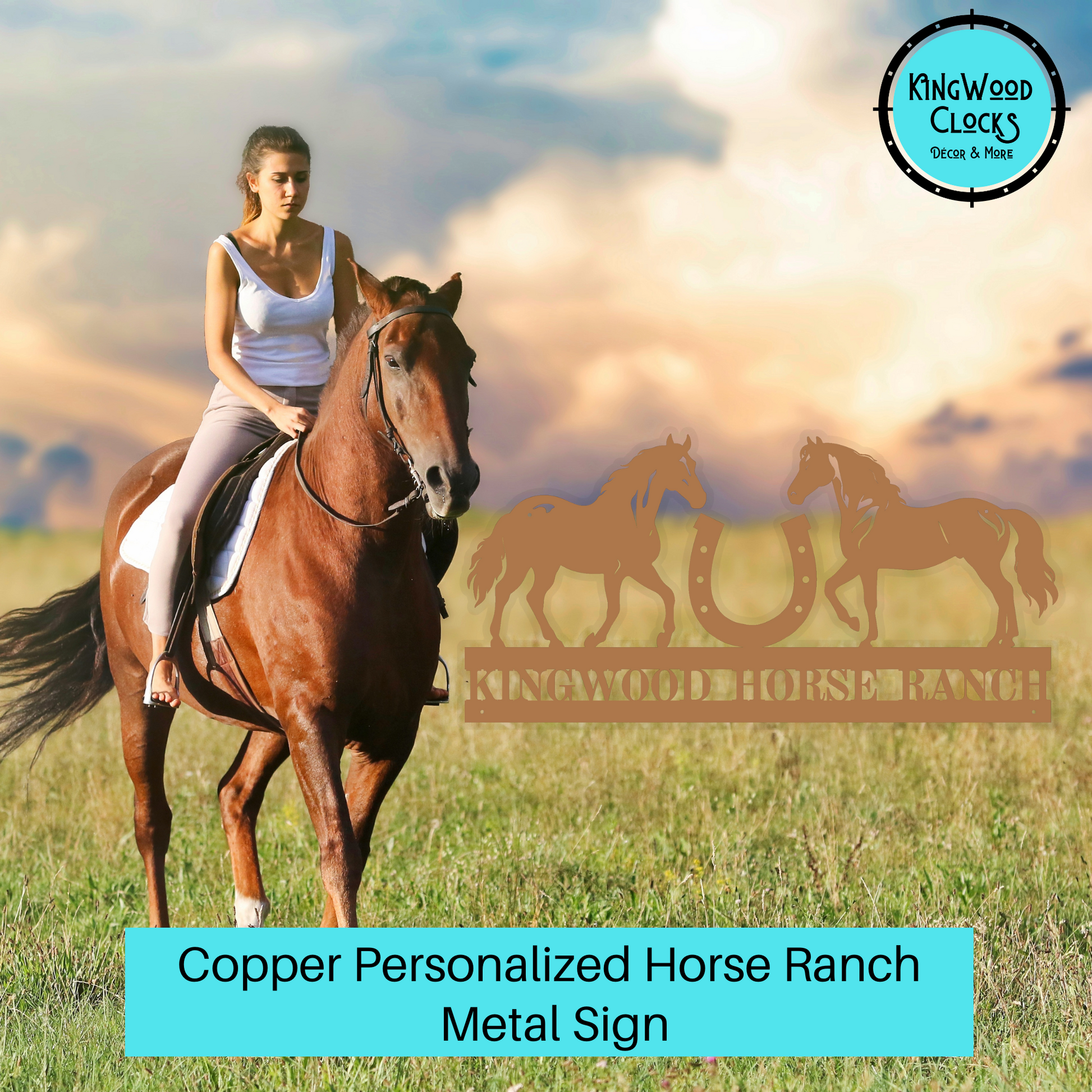 Personalized Horse Ranch Metal Sign shown in copper with girl riding