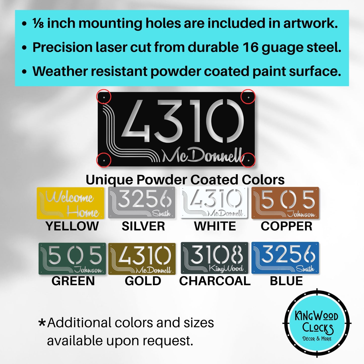 Product description of a metal sign with mounting holes, laser cut design, and powder-coated finish, featuring color options and brand logo.