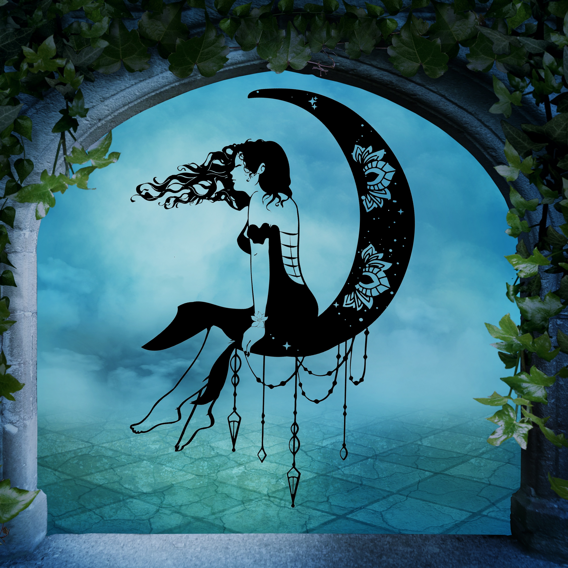 Girl On The Moon Metal Wall Art, Crescent Moon Phases Decor for Girls Bedroom, Mystical Dream Catcher Gift for Her, Dark Academia Mandala