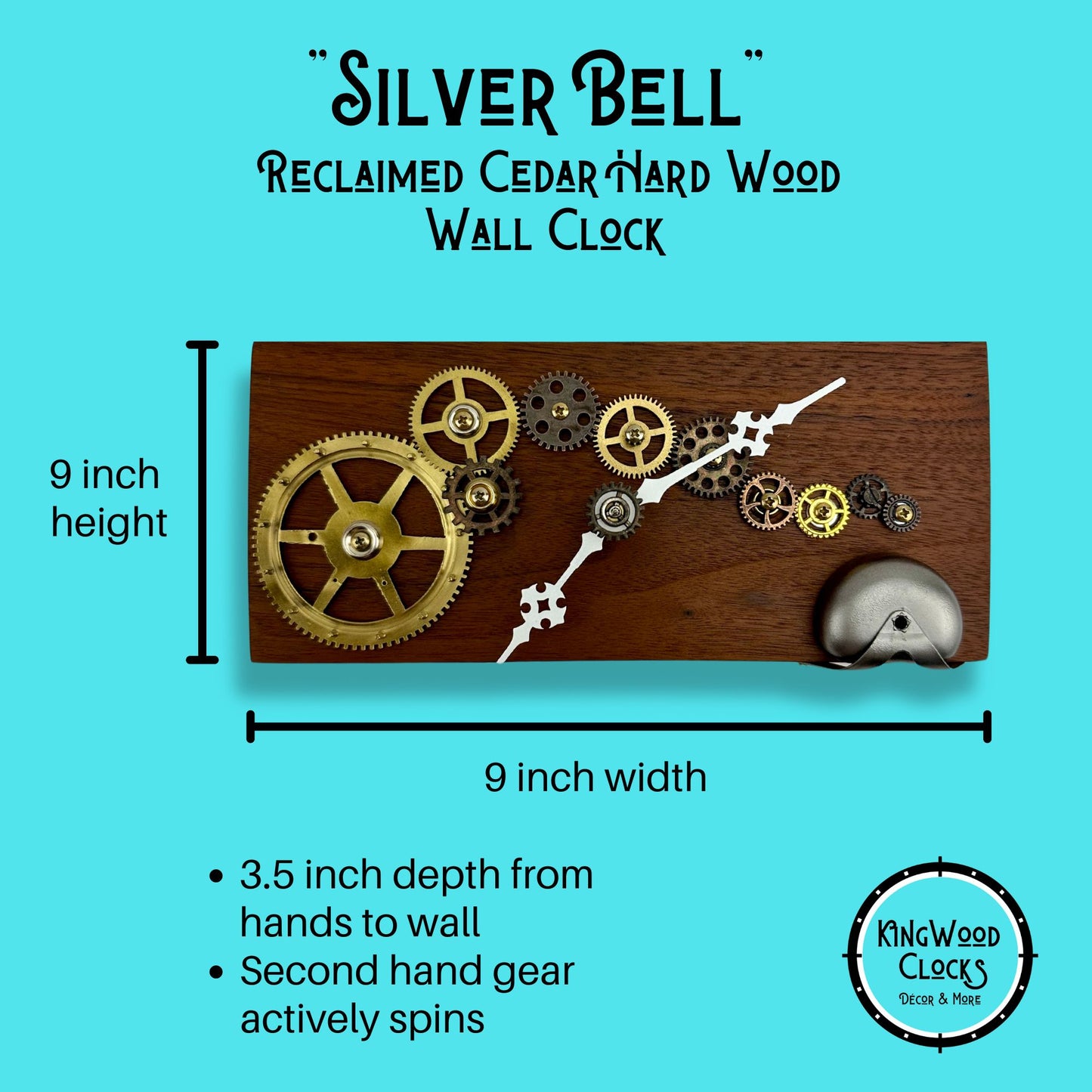 Wooden Wall Clock w/ Brass Gears "Silver Bell", Reclaimed Wood and Metal Wall Art, Small Wall Hanging Art Clock, Unique Decor Gift Idea