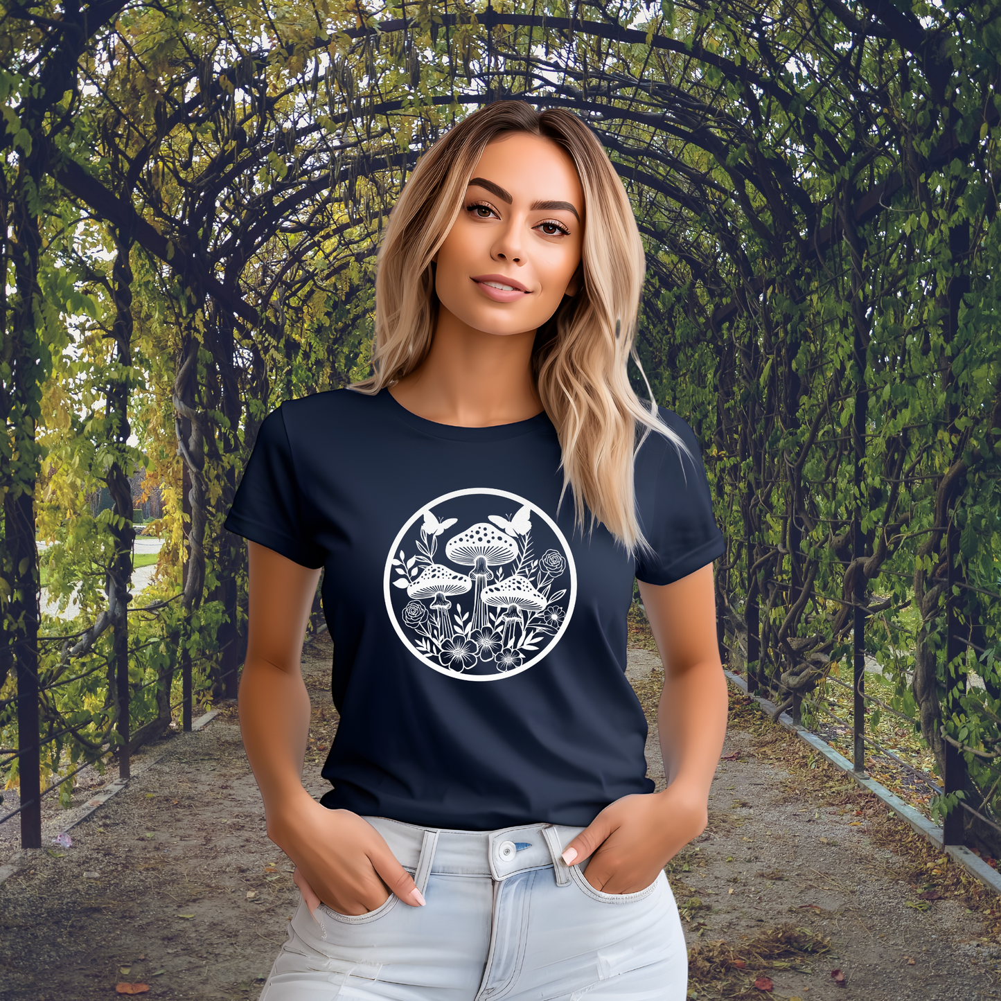 Mushroom Garden T-Shirt navy on girl