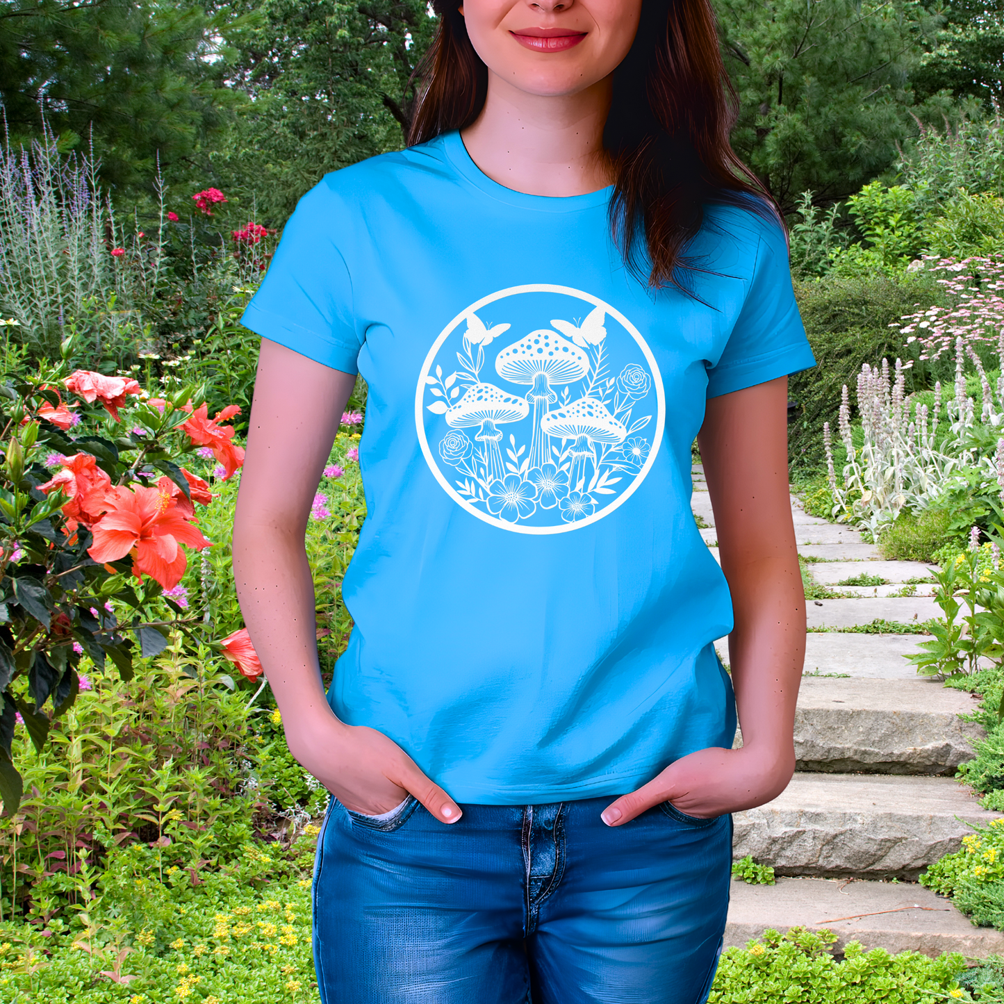 Mushroom Garden T-Shirt aqua on girl