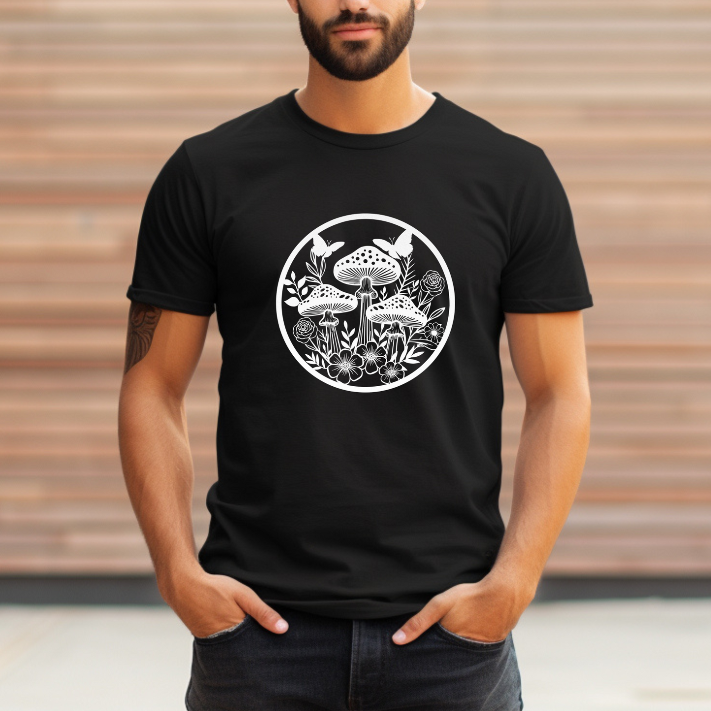 Mushroom Garden T-Shirt black on man