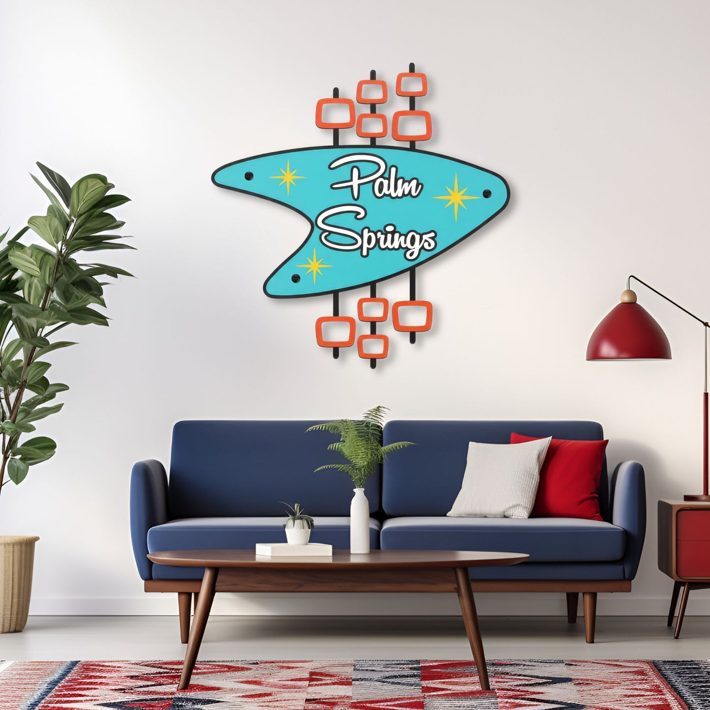 palm spring painted metal wall sign over colorful mcm couch in living room