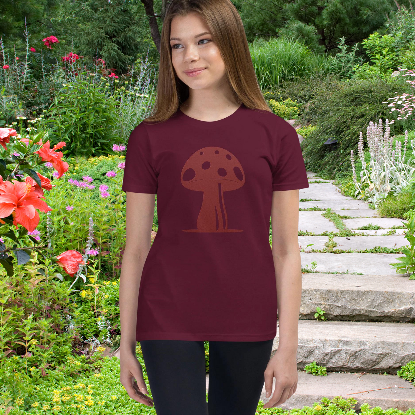 My Mushroom T-Shirt, Unisex Youth Size, Matching Family Apparel, Nature Theme Girls Outfits, Twin Mom & Daughter Clothing, Retro Garden Tee girl in red