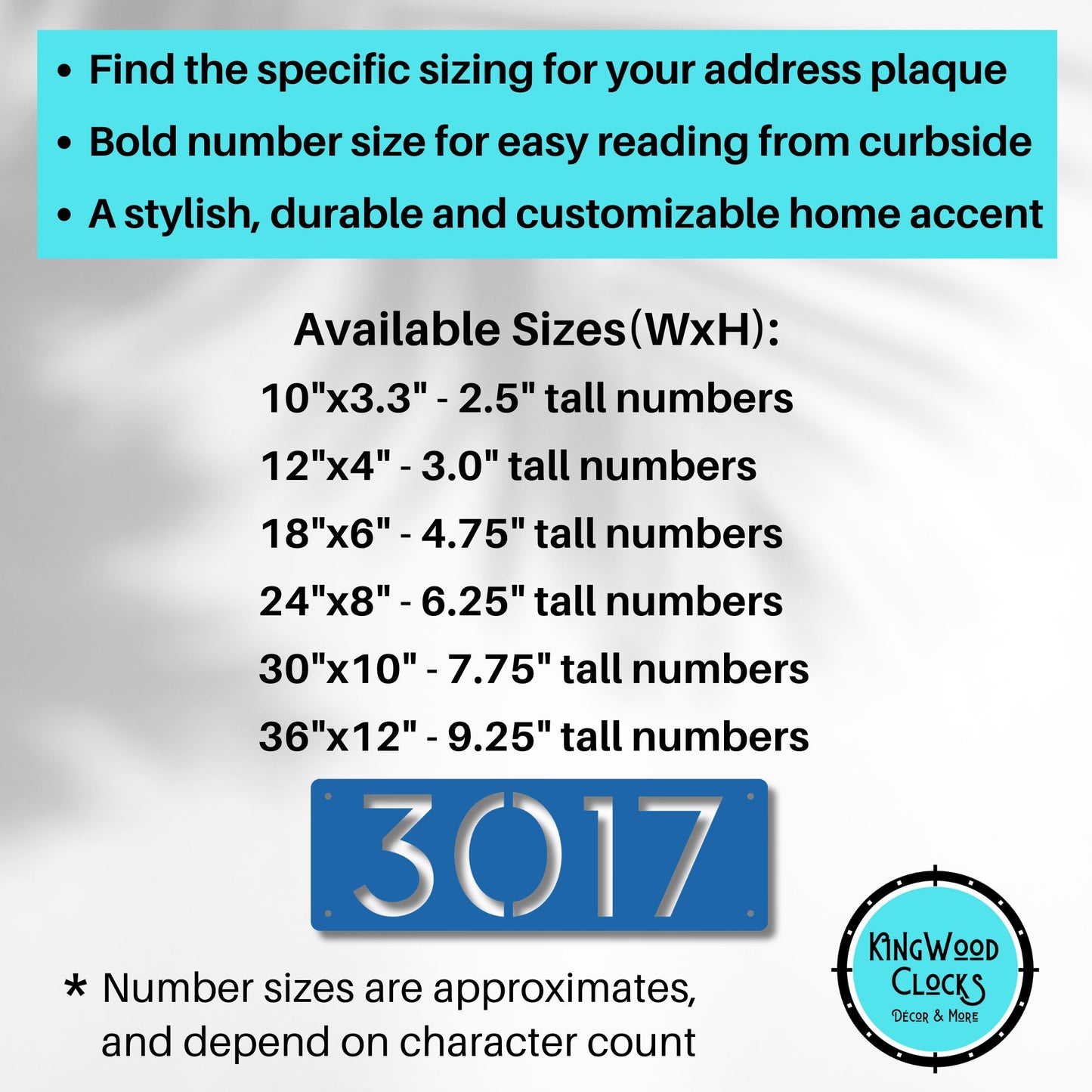 Horizontal Number Address Sign, Closed Style shown in blue with sizing specifics