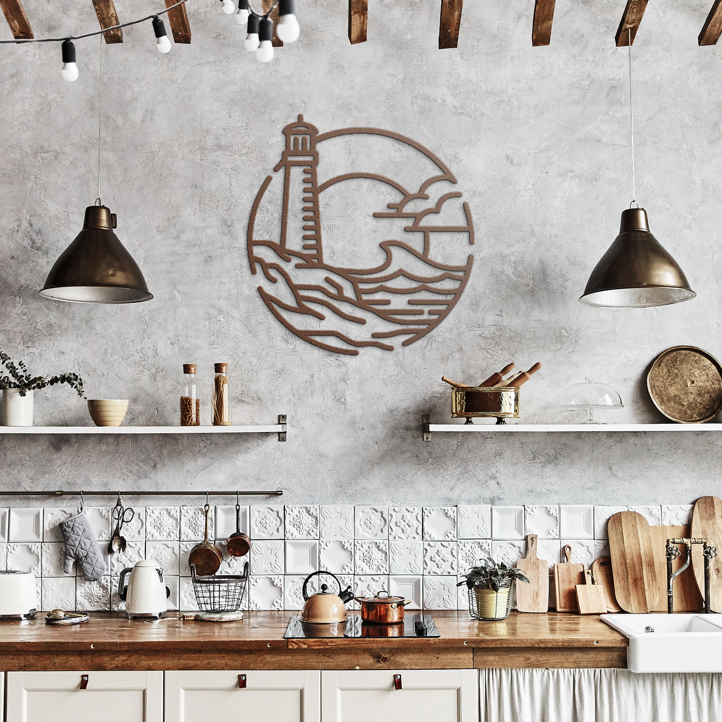 copper ocean lighthouse metal wall art