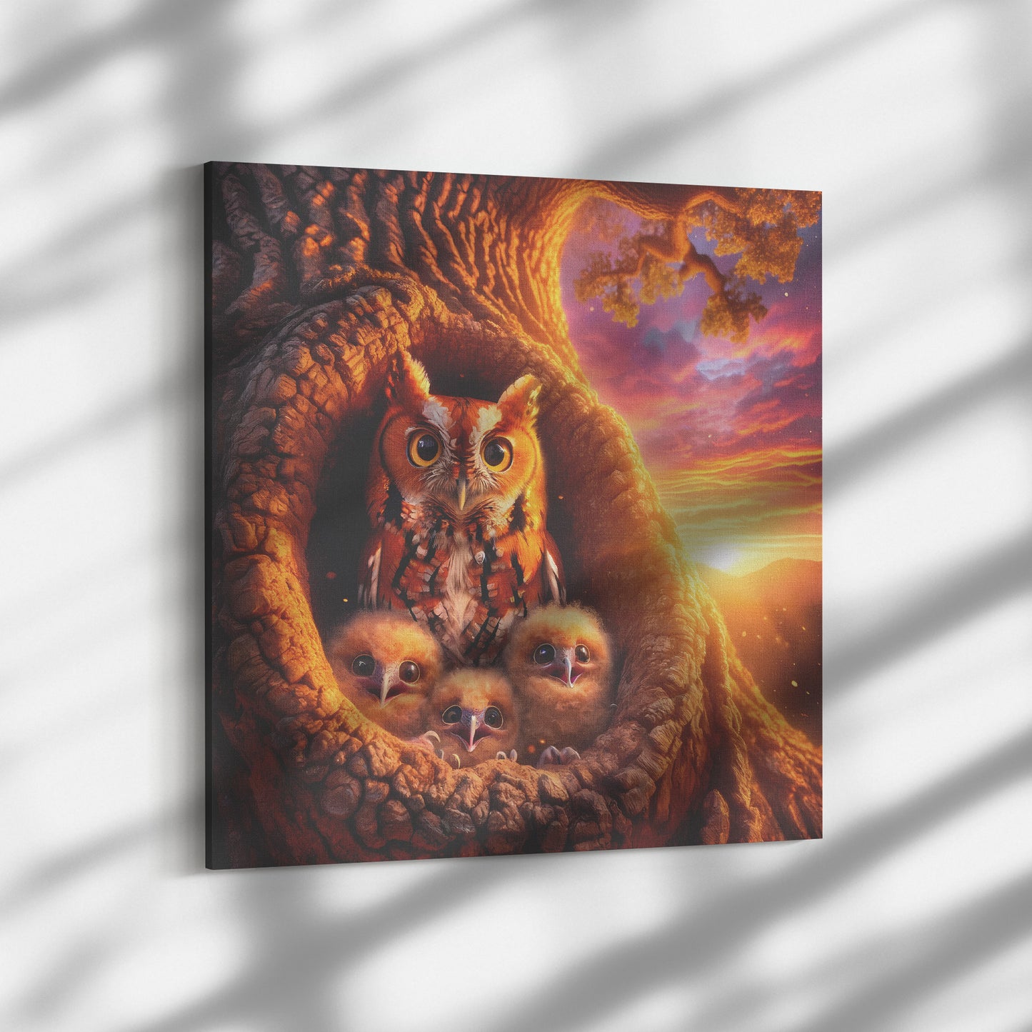Sunset Owls Canvas Wall Art, Red Morph Screech Owl