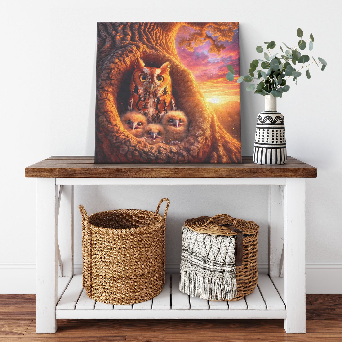 Sunset Owls Canvas Wall Art, Red Morph Screech Owl