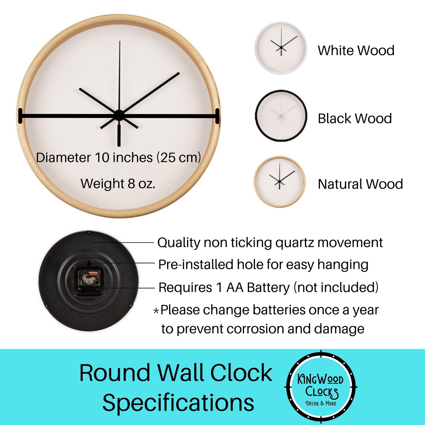 Round wall clock with specifications and color options on a white background