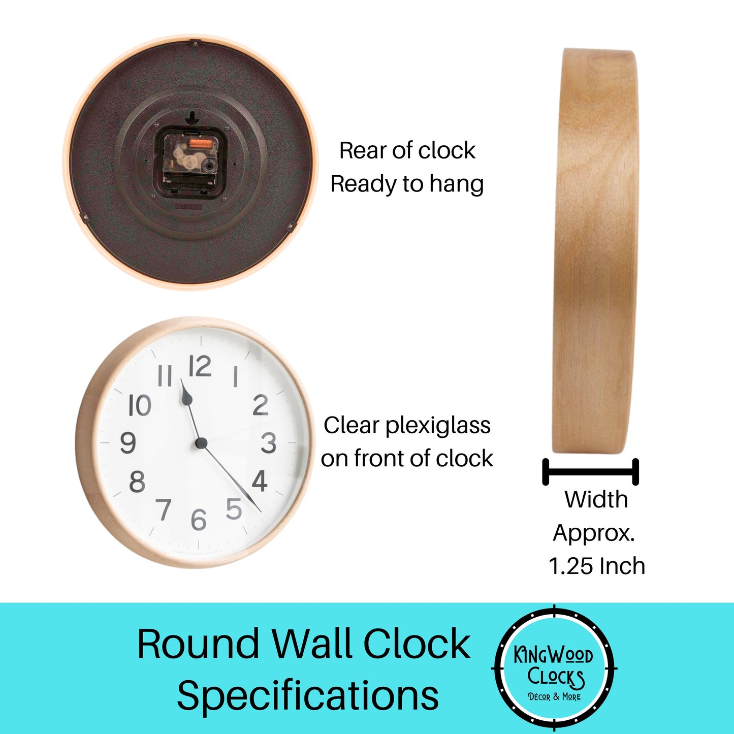 Round wall clock with specifications and Kingwood Clocks branding.
