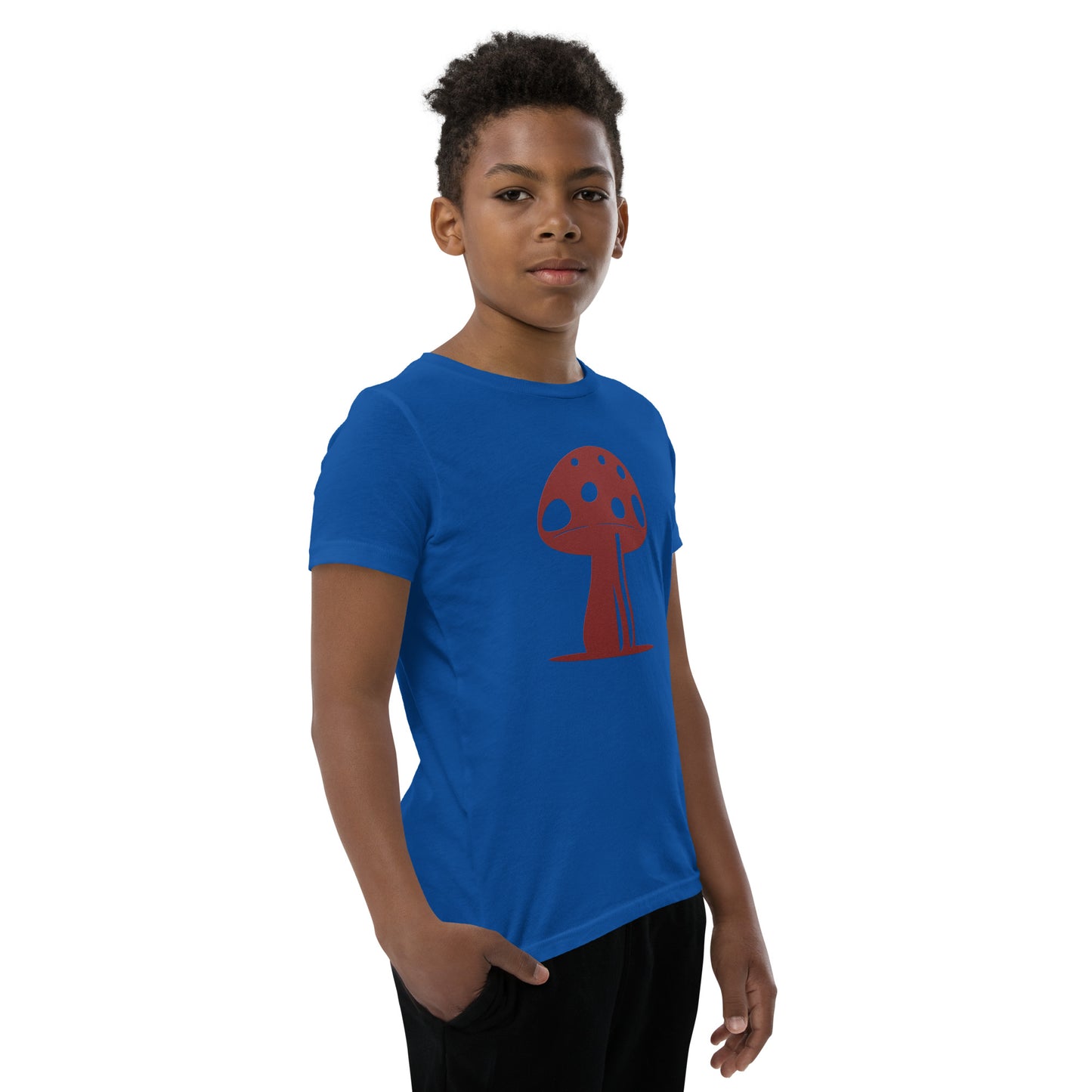 My Mushroom T-Shirt, Unisex Youth Size, Matching Family Apparel, Nature Theme Girls Outfits, Twin Mom & Daughter Clothing, Retro Garden Tee boy in blue