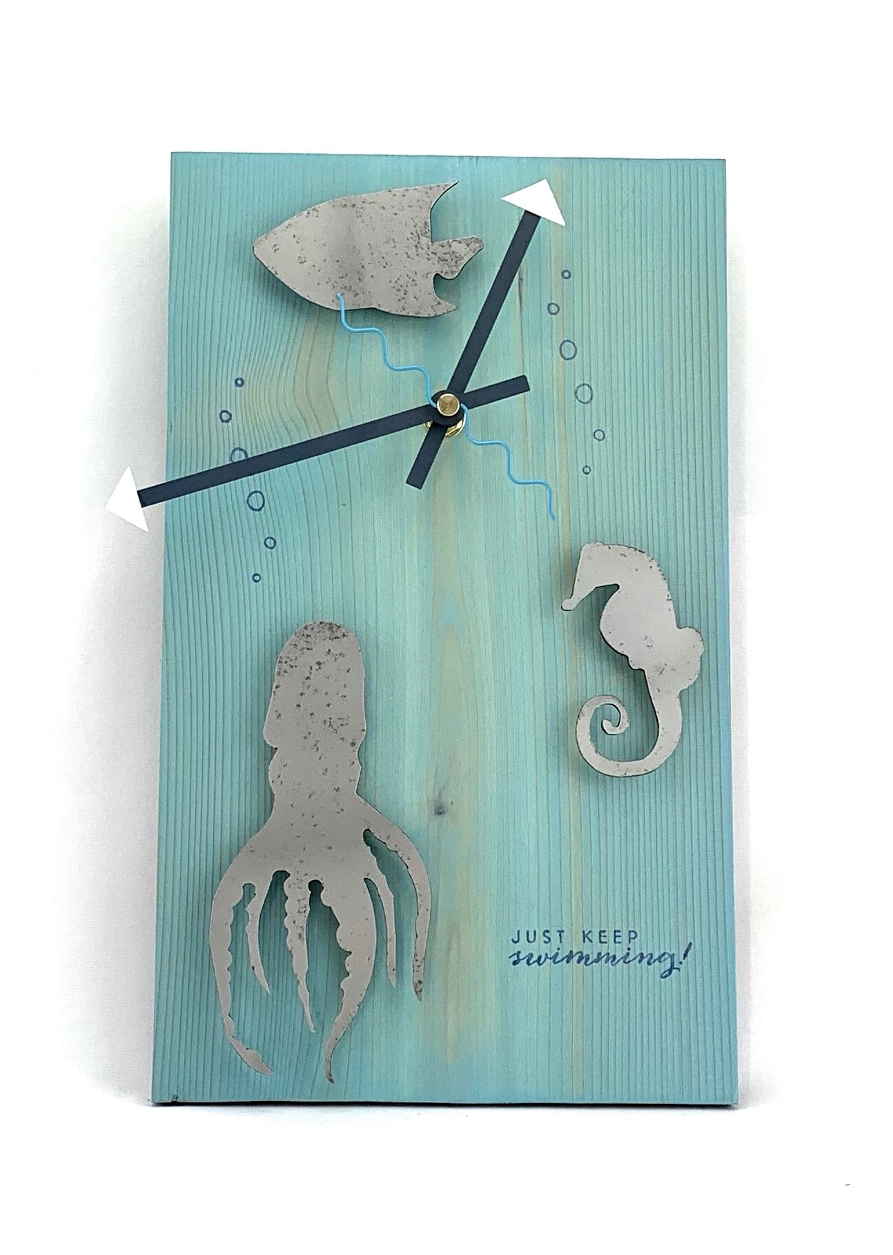 Sold KingWood Wood & Metal Wall Clock "Just Keep Swimming"
