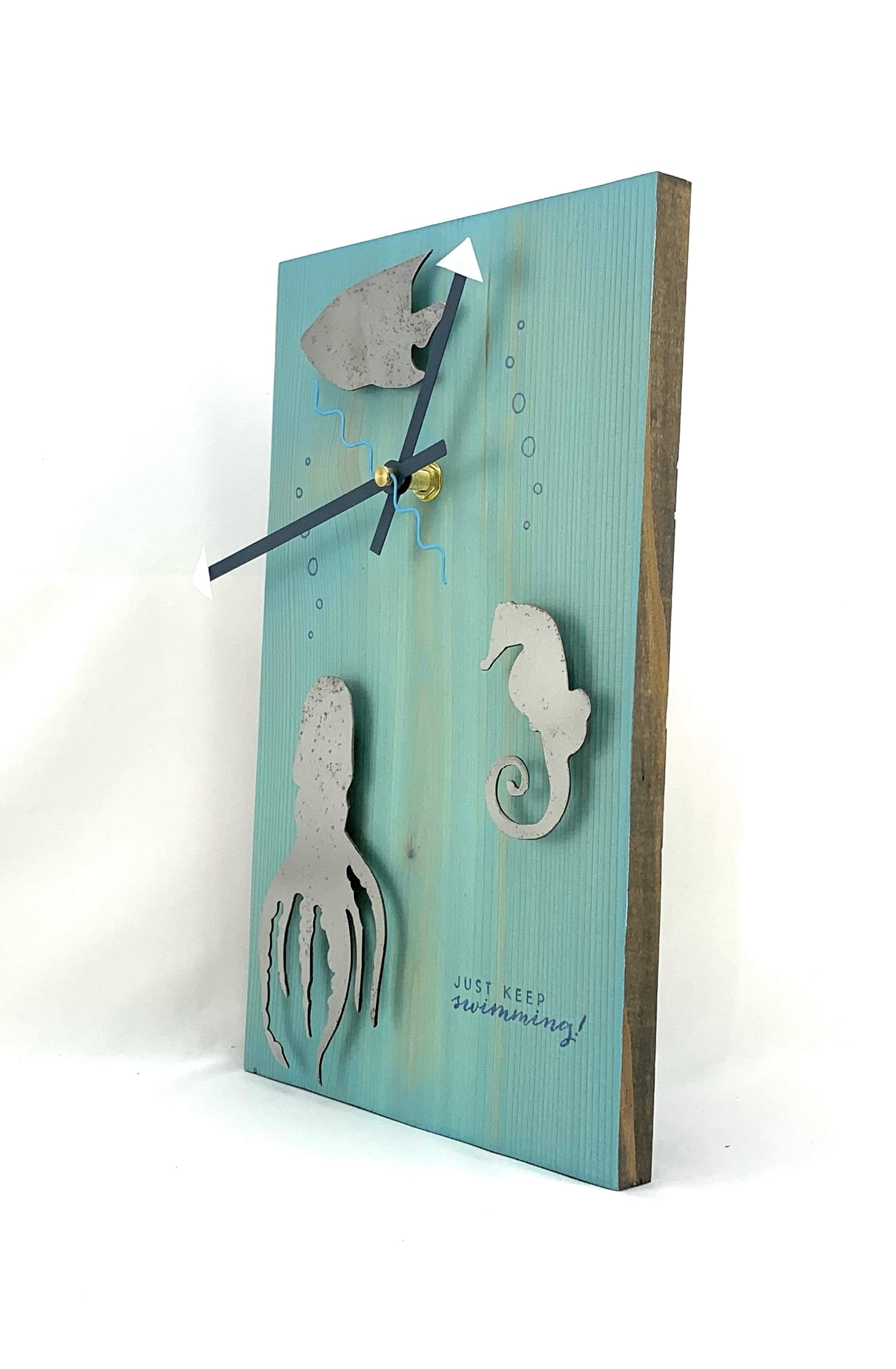 Sold KingWood Wood & Metal Wall Clock "Just Keep Swimming"