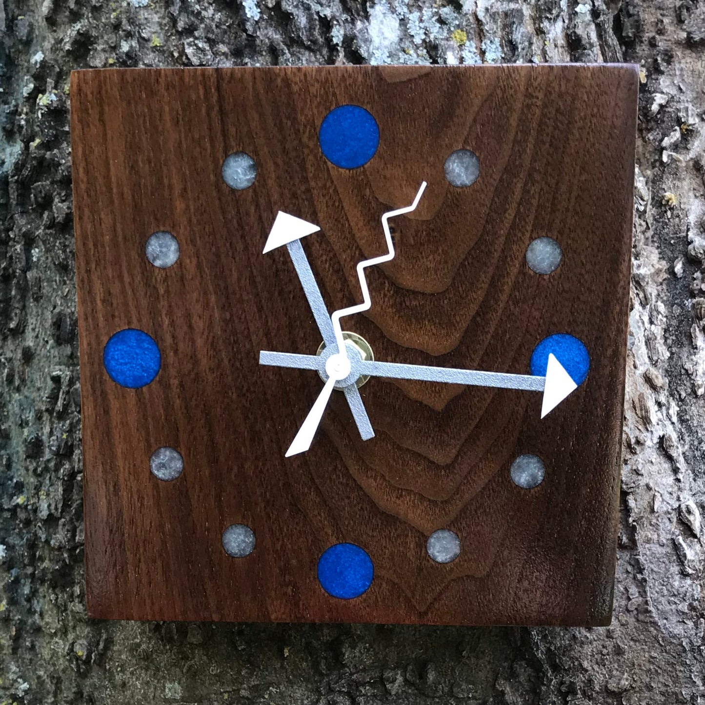 KingWood Reclaimed Walnut Slab Wall Clock w/ Epoxy Inlay Electric Blue & Pearl White