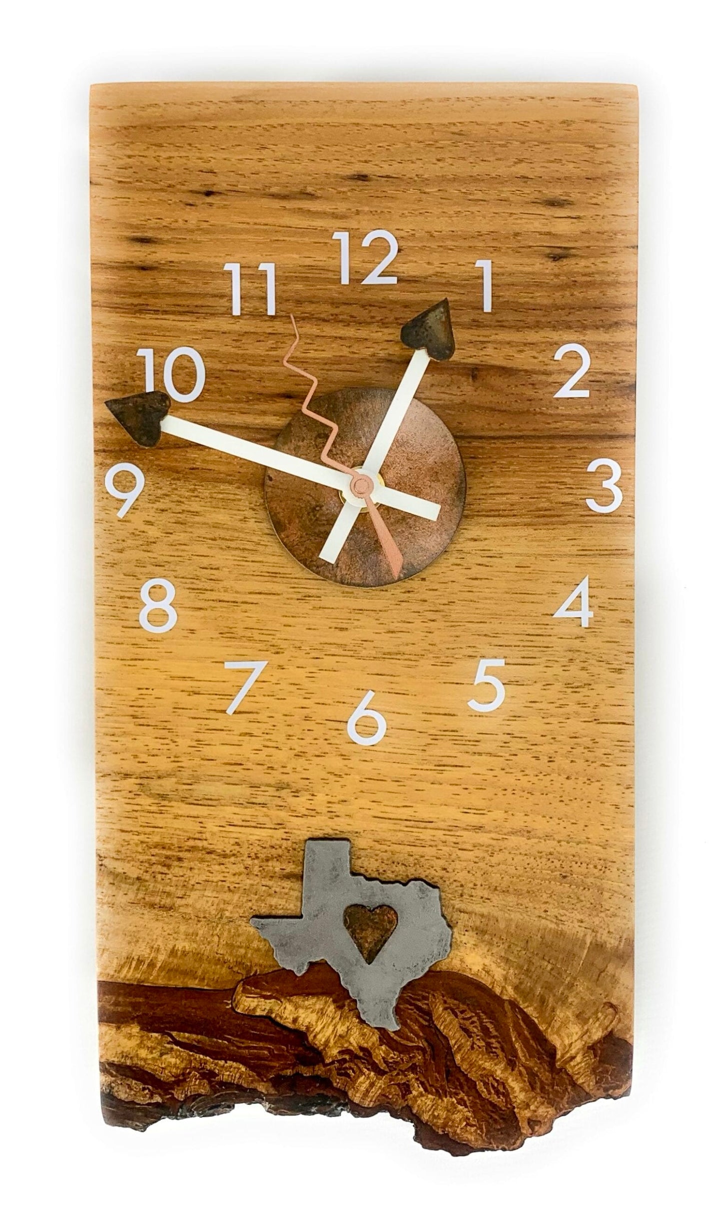 KingWood Live Edge Texas Pecan Slab Wall Clock "Texas Love"