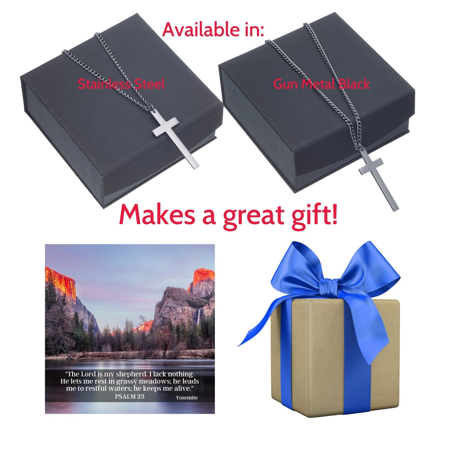 Sacred Cross Necklace, Bible Verse Psalm 23, Yosemite Sunset makes an awesome faith gift idea for your bible study group family