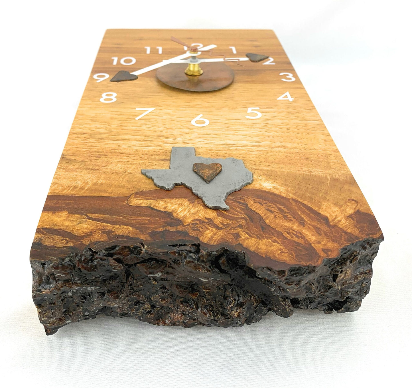 KingWood Live Edge Texas Pecan Slab Wall Clock "Texas Love"