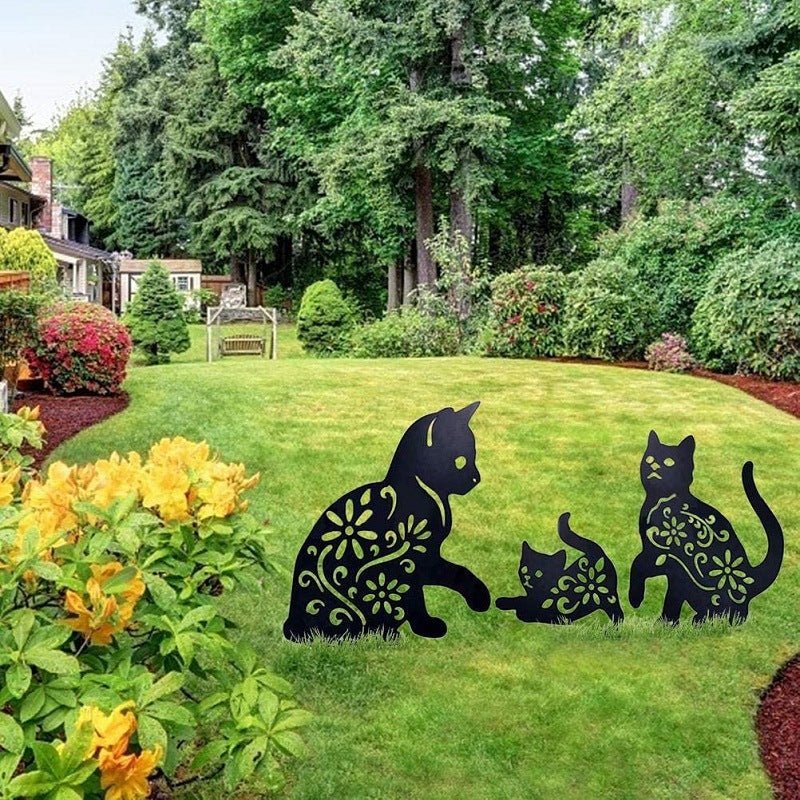 Cats In The Garden Metal Art W/ Spikes in grassy lawn